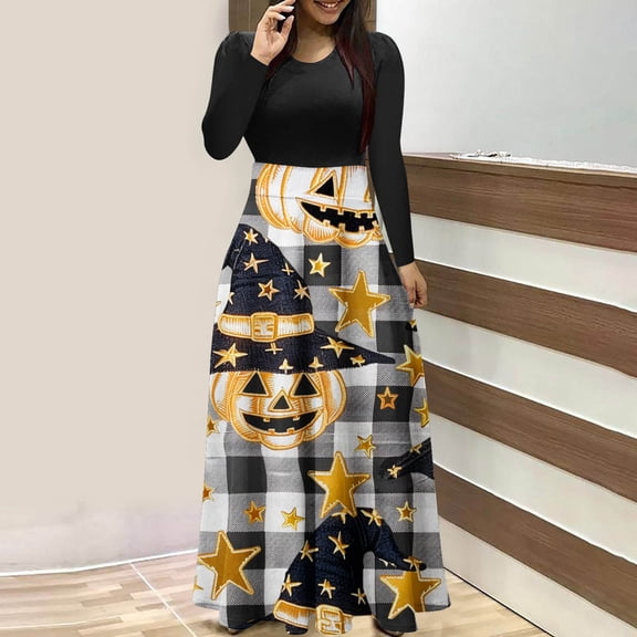 BaoFuBaoMei Halloween Dresses for Women Plus Size Long Sleeve Crew Neck Halloween Plaid Pumpkin Print Maxi Dress High Waist Patchwork Flowy Dresses for Party