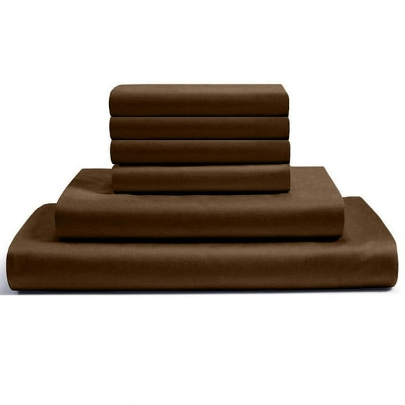 6-PC Twin XL Egyptian 600-TC Cotton Sheet Set - 10" Deep Pockets with 1 Fitted Sheet, 1 Oversized Flat Sheet 4 Pillowcases - Chocolate