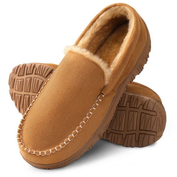 NCCB Men's Moccasin Slippers Memory Foam Warm Plush House Slippers Indoor Outdoor Slippers for Men Beige 8