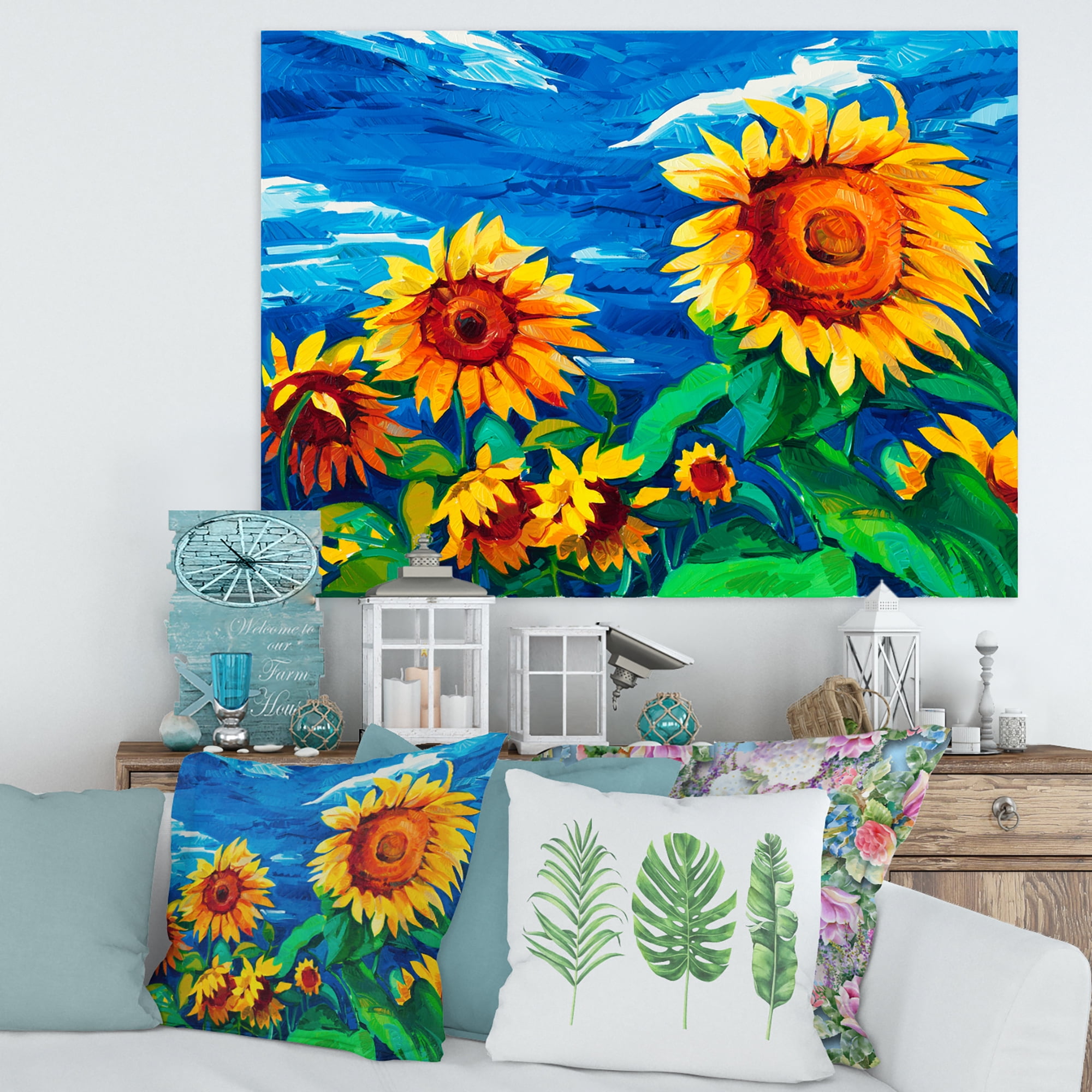 Designart ' Sunflowers Field Under A Bright Blue Sky ' Traditional Canvas Wall Art Print