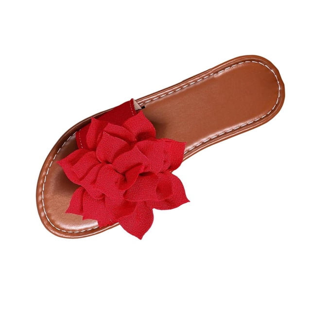 FRSASU Sandales Plates pour Femmes à Nœud, Bout Ouvert, à Enfiler, Mules, Bride Simple, Plates, Rouge