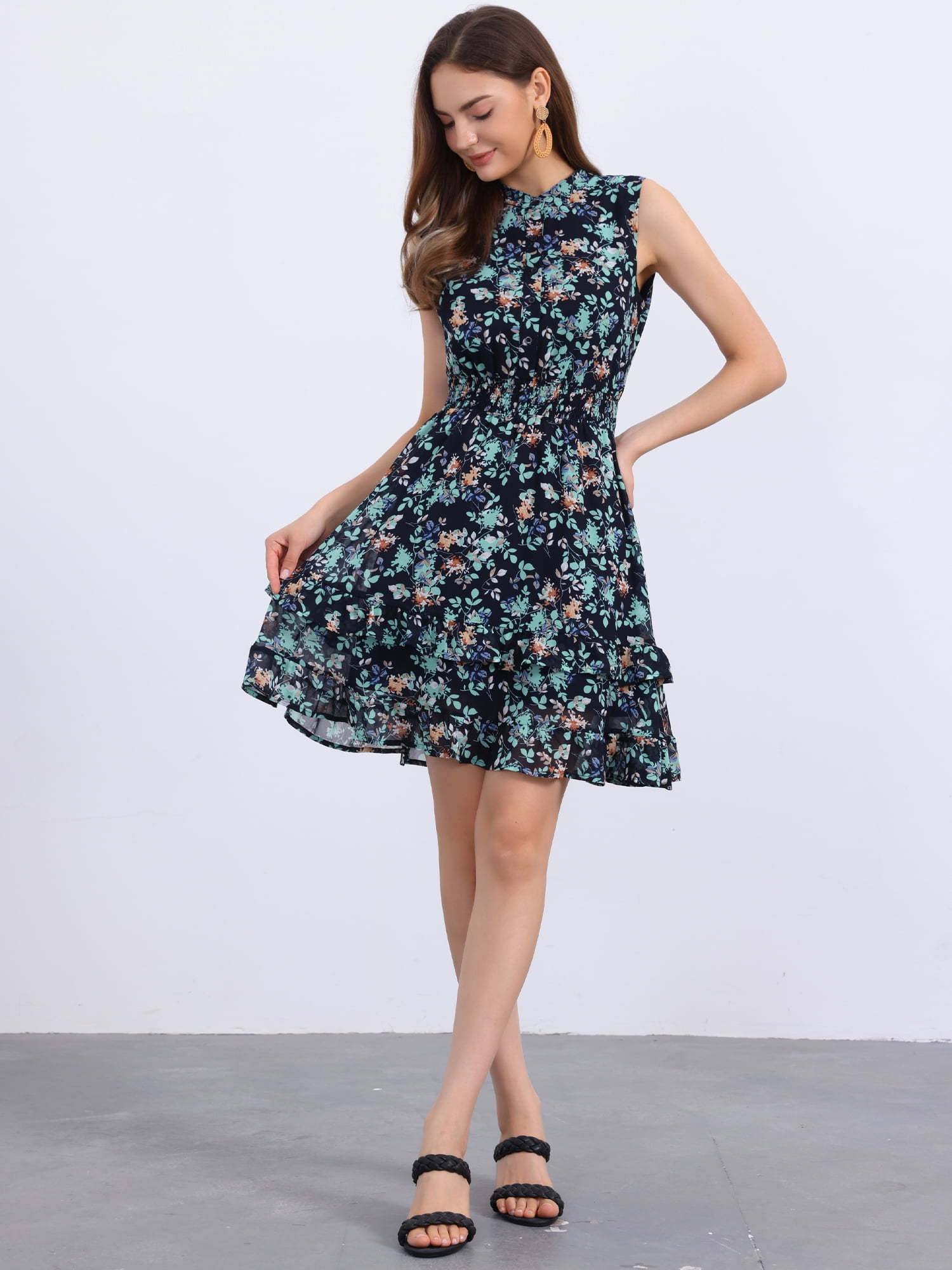 DARING DIVA Women's Floral Chiffon Smocked Mini Sleeveless A-Line Dress L Dark Blue