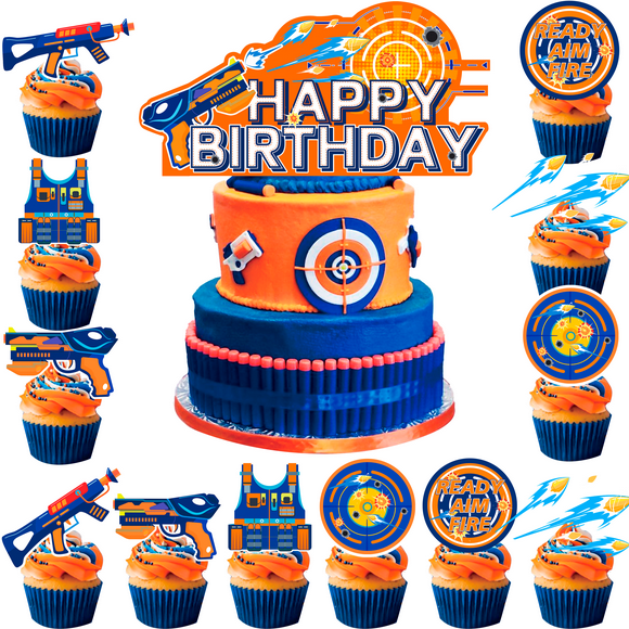 Dart Cake Decorations, 13pcs Cake Toppers Set Includes 1 Blue Birthday Cake Topper & 12 Orange Cupcake Topper for Boys/Girls Dart Birthday Supplies