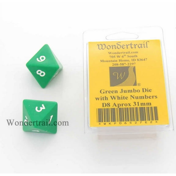 Green Jumbo Dice with White Numbers D8 31mm (1.25in) Pack of 2 Wondertrail