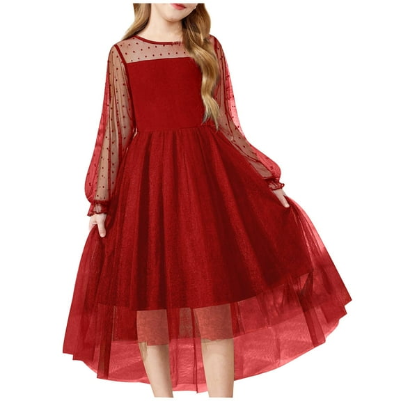 Lenpel Toddler Dresses for Girls Sheer Mesh Puff Long Sleeve Party Dress Spring Fall Outfits Size 3-12 Years