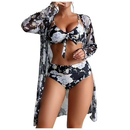 POIUYTR Womens 3 Pieces Bikini Set Swimsuit Floral Beach Cover Up Kimono Swimwear Bathing Suit with Boy Shorts