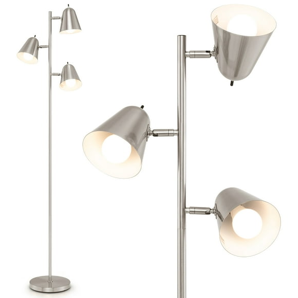 Gymax 3-Bulb Floor Lamp Standing Tall Tree Lamp w/ 3 E26 A19 Bulbs Silver