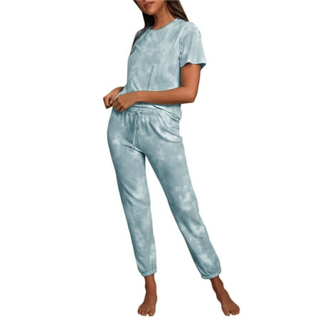 

Ladies Tie-Dye Two-Piece Pajamas Round Neck Loose Short-Sleeved Drawstring Elastic Waist Trousers Pajamas
