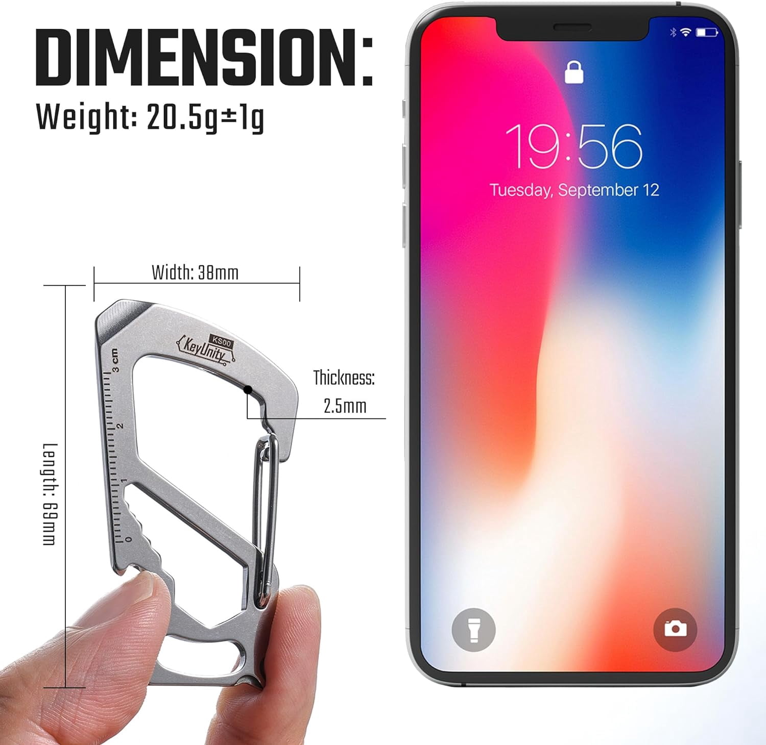 KS00 Carabiner Clip Multitool Stainless Steel 7 Tools in 1, Quick Release Clasp, Wrench, Cross Screwdriver, Slotted Bottle Opener, Ruler, Key Holder (Silver)