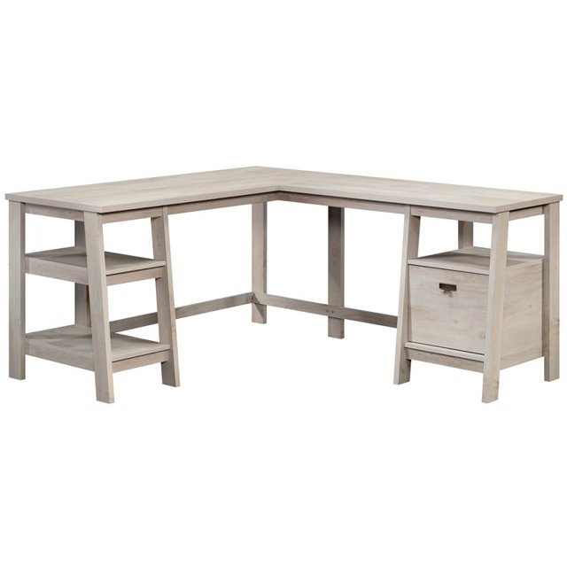 Sauder Trestle Engineered Wood L-Shaped Desk in Chalked Chestnut