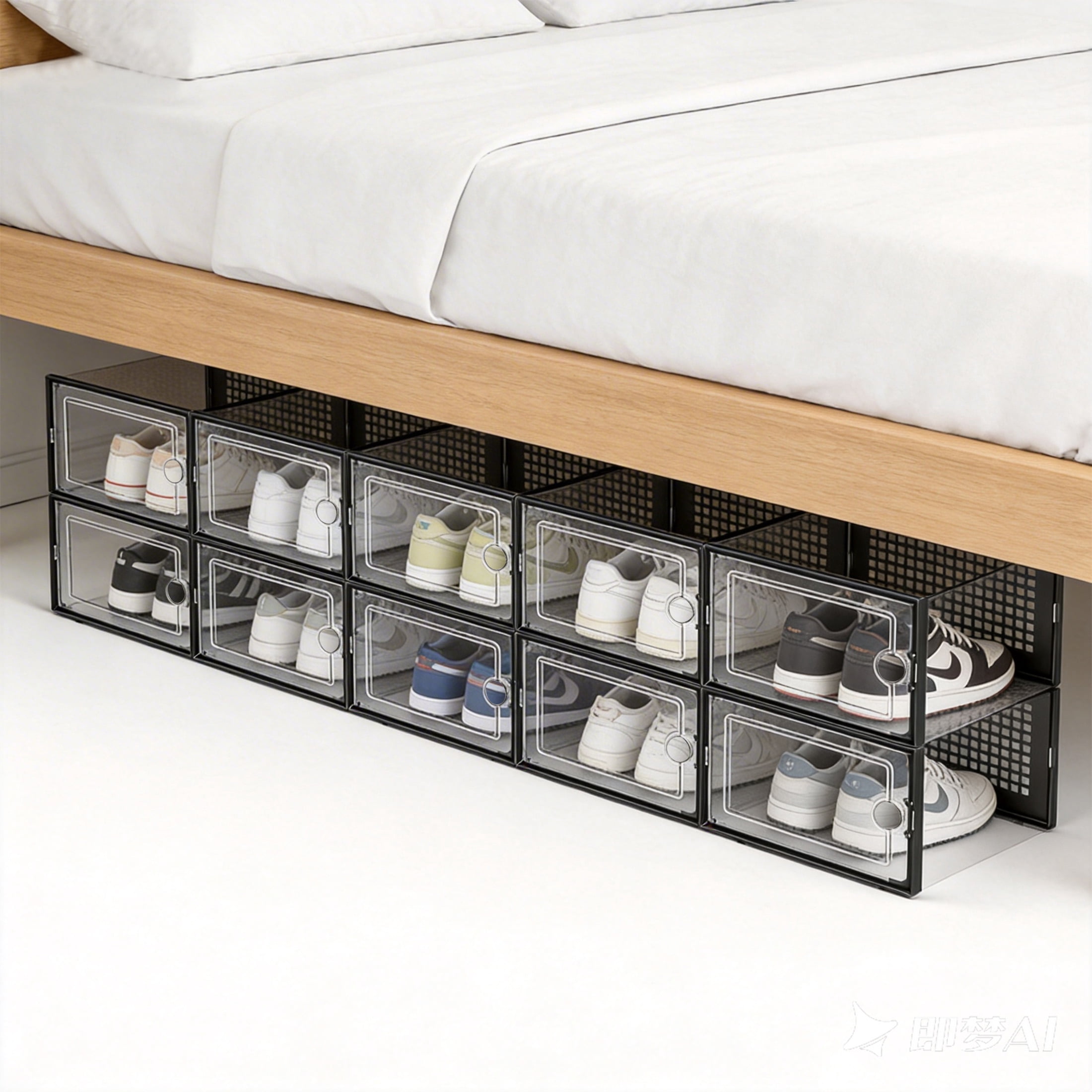 GARITIN Stackable Shoe Storage Boxes 12 Pack, Clear Plastic Sneaker Containers, Shoe Rack & Holder Substitute, Versatile Storage Bins for Closet, Entryway, Under Bed, Black