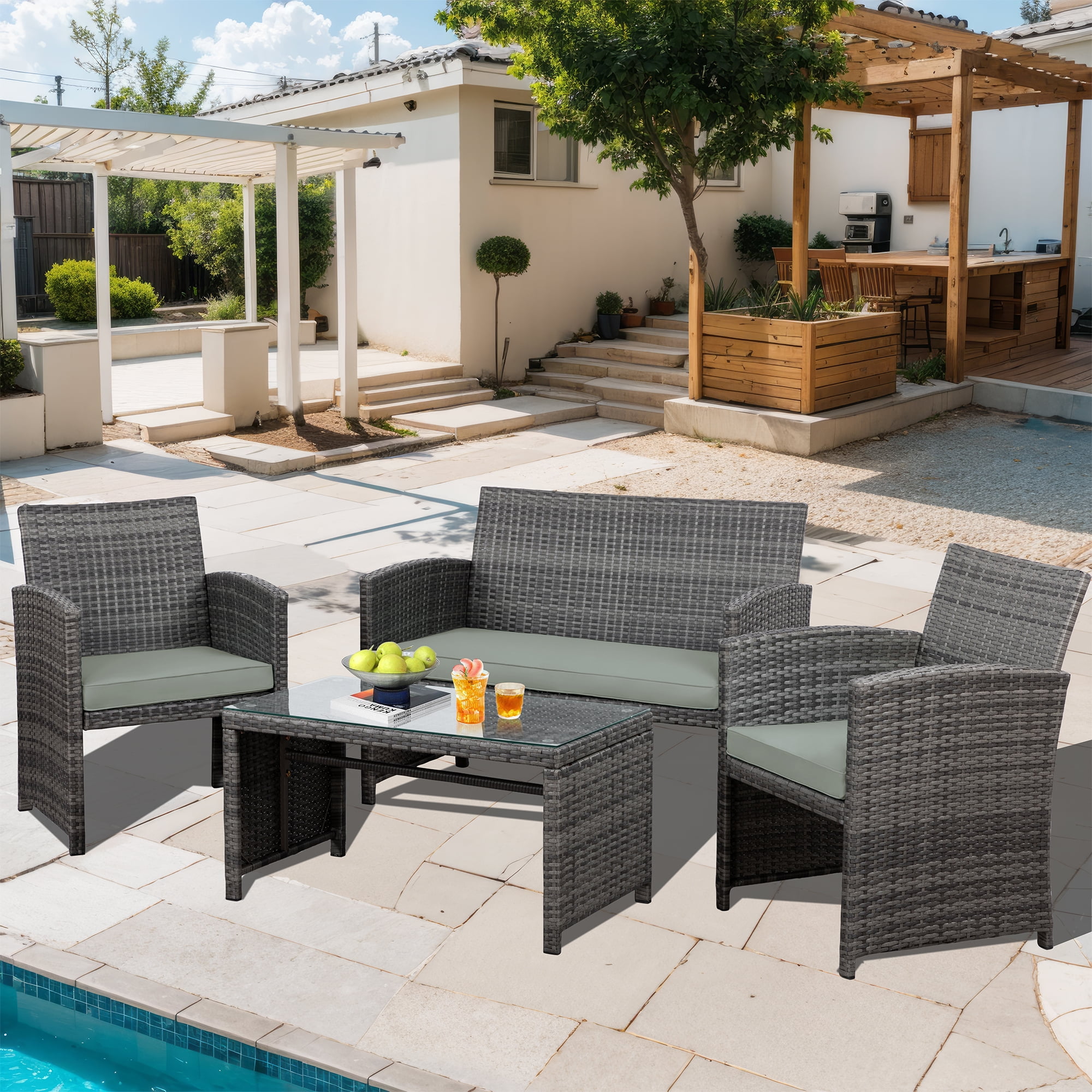 Walsunny 4-Piece Patio Rattan Furniture Set with Cushions & Tempered Glass Tabletop, Gray