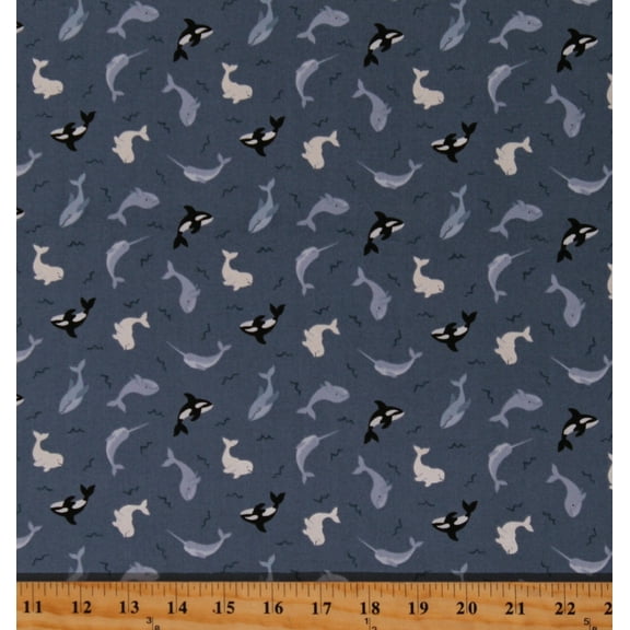Cotton Narwhales Whales Dolphines Fish Polar Animals Ocean Creatures Gray Cotton Fabric Print by the Yard (SM42-3)