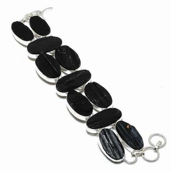 Natural Black Tourmaline Gemstone 925 Sterling Silver Bracelet 7-8"
