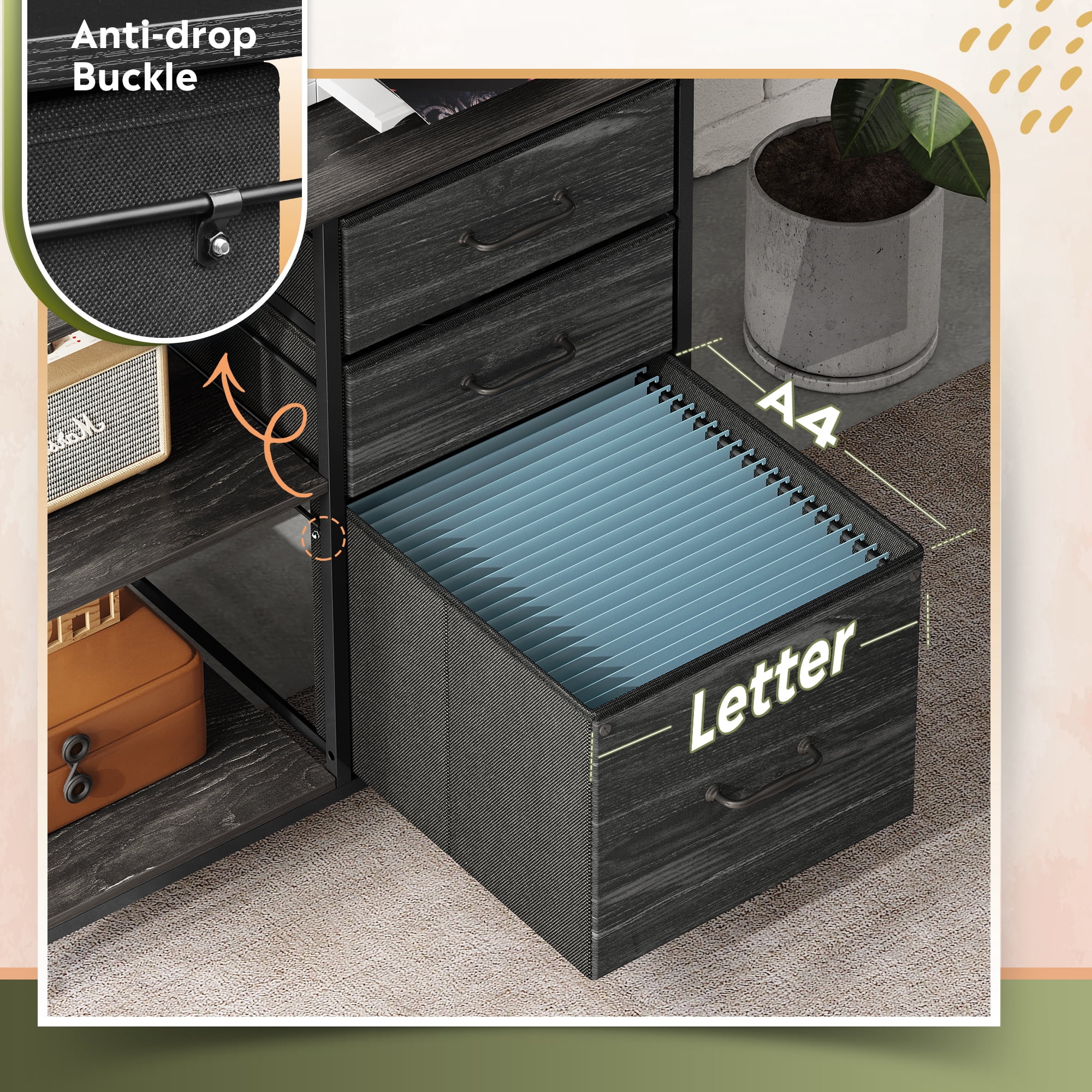 GALAXHERO 3 Drawer File Cabinets, Mobile Printer Stand with Storage Shelf for Home Office/Letter/A4, Charcoal Black