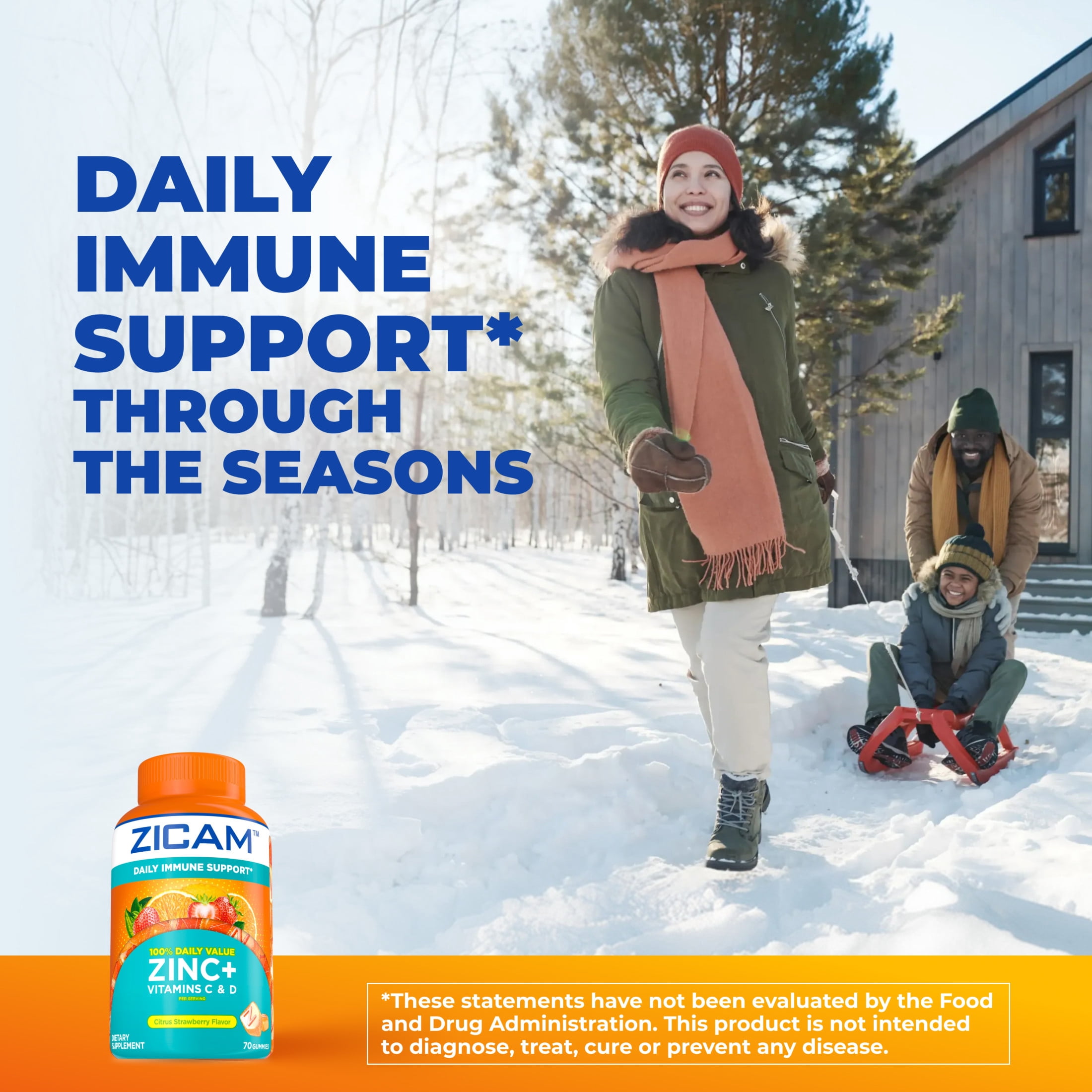 (3 pack) Zicam Daily Immune Support, Gummy Supplement, Zinc, Vitamin C and Vitamin D, Citrus Strawberry Flavor, 70 Count