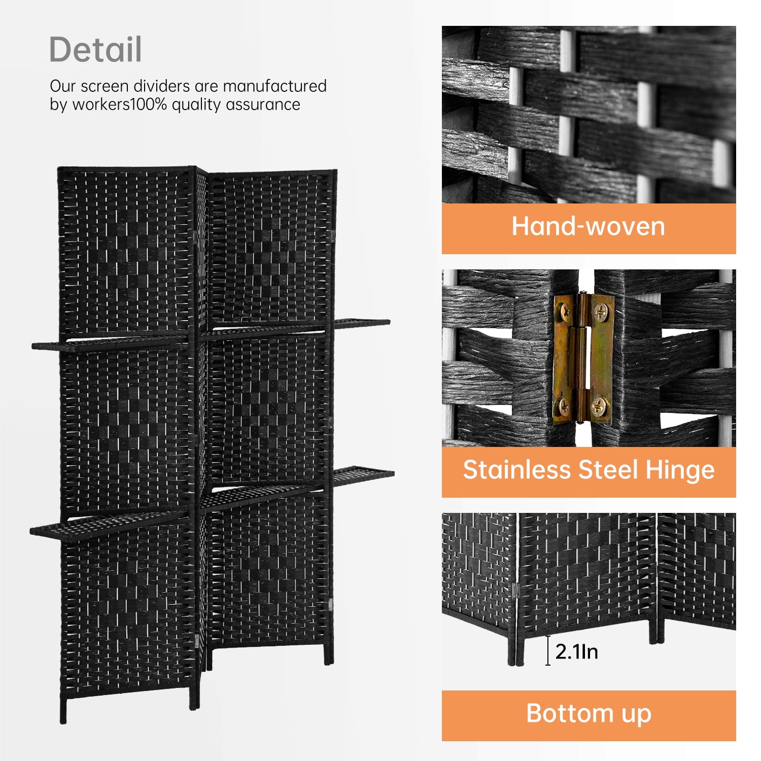 YRLLENSDAN 4 Panel Room Divider Wall, Room Partitions and Dividers Freestanding Portable Wall Room Partition Folding Room Divider with Removable Storage Shelves, Black
