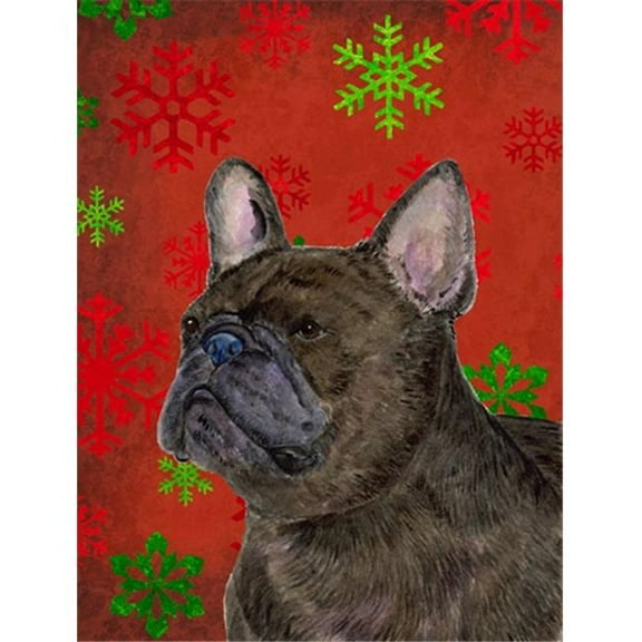 French Bulldog Red And Green Snowflakes Holiday Christmas Flag - Garden Size