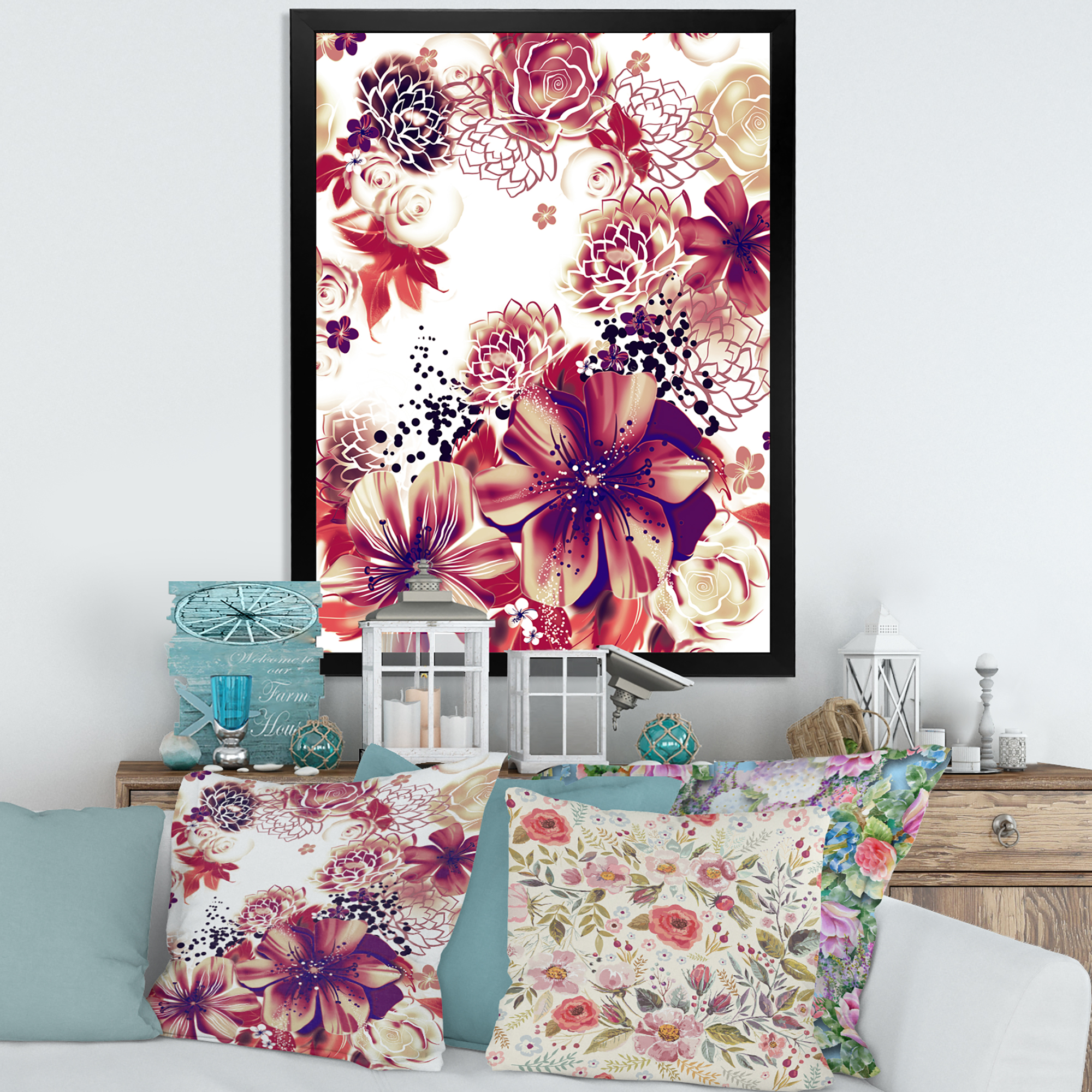 Designart 'Yellow and Pink Flowers Retro' Traditional Framed Art Print