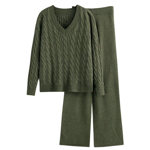FRSASU Women's 2 Piece Outfit Sweater Lounge Sets Long Sleeve Knit Pullover Wide Leg Pant Tracksuit Loungewear Green