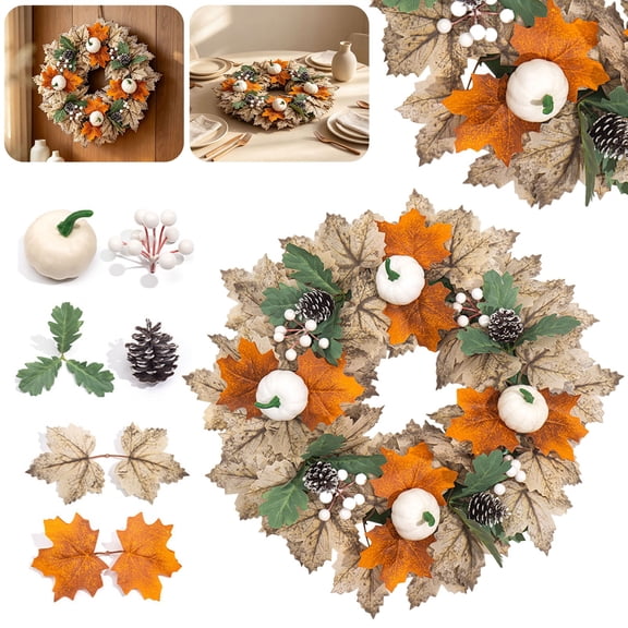 Clearance Under $5.8! 1 Pack 18 Inch Fall Maple Pumpkin Berry Wreath, Artificial Autumn Door Hanging, for Thanksgiving Halloween Farmhouse