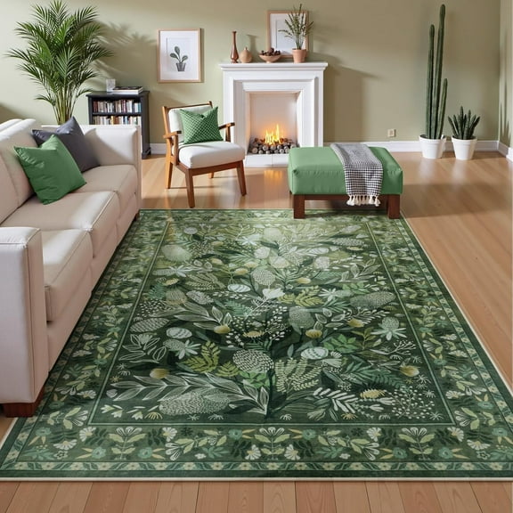 Green Botanical Floral Washable 5x7 Area Rugs