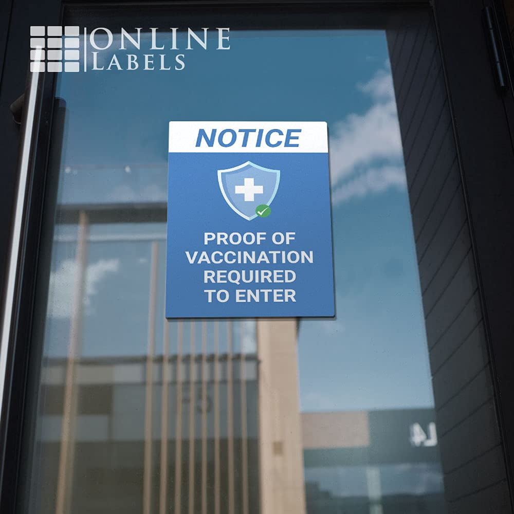 Proof of Vaccination Required to Enter Window Sticker - Pack of 10 Decals - Blue Design - 10 x 7 Inch Rectangle - Indoor Only - Removable Adhesive Vinyl - Online Labels