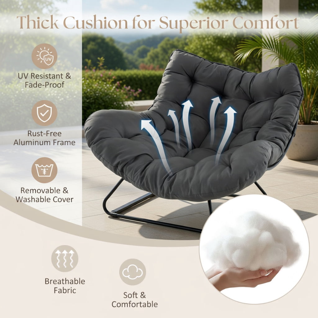 Hommoo Oversized Egg Papasan Rocking Chair with Thick Padded Cushion, Indoor/Outdoor Patio Lounge Chair, Gray
