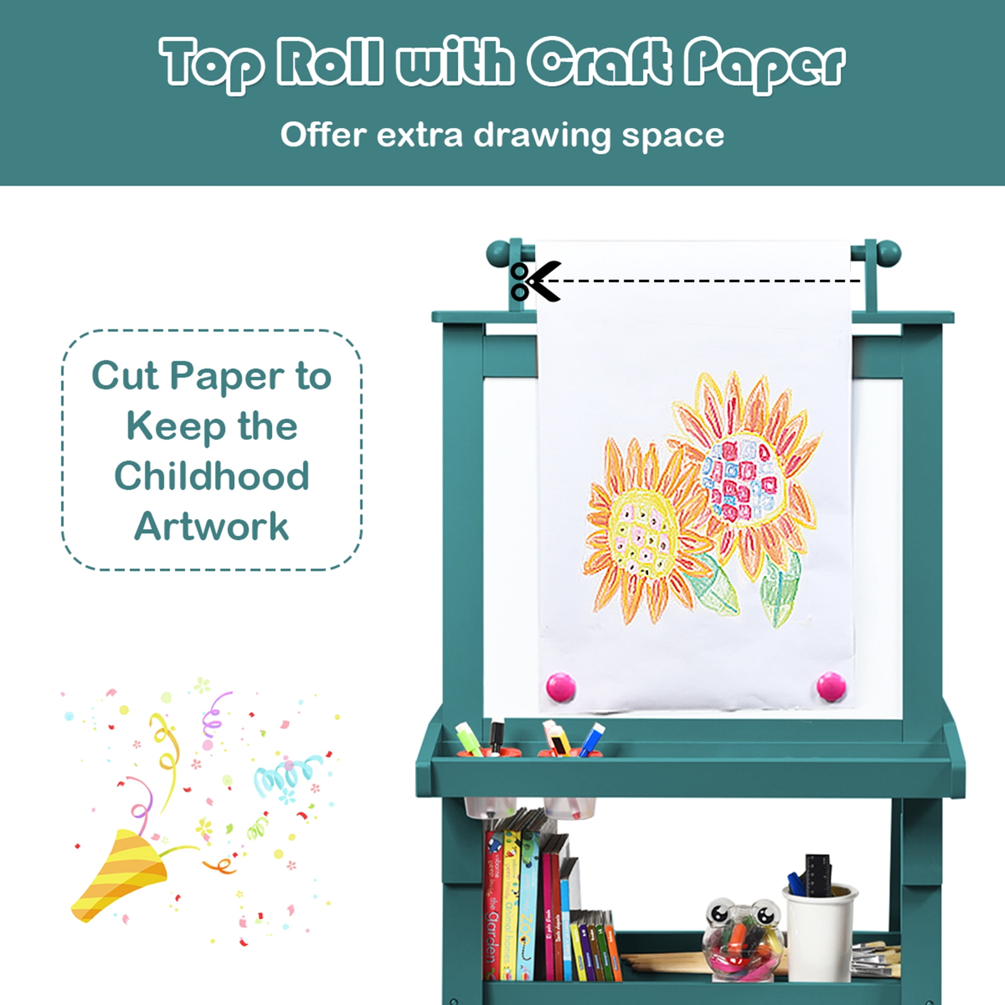 Gymax 3 in 1 Double-Sided Storage Art Easel w/Paint Cups for Kid Writing Teal Frosting