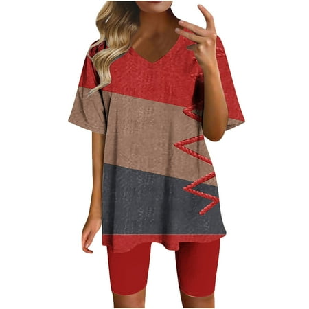Wyobmus Women 2 Piece Short Outfits Set Color Blocked Half Sleeve V Neck T Shirt Biker Shorts Loose Fit Workout Tracksuit B-Red