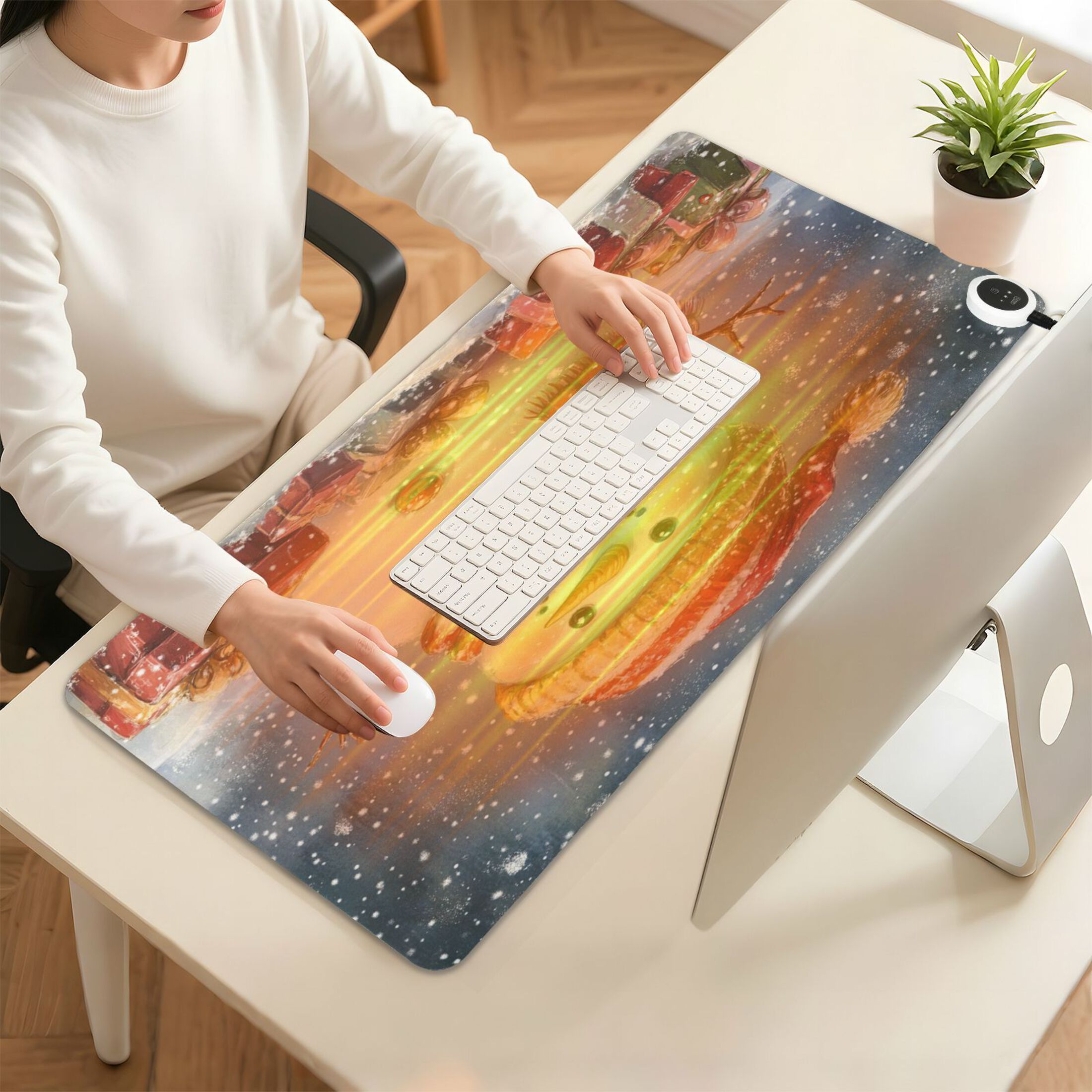 Wobogo Snowman Gift Heated Mouse Pad Extra-Large Desk Mat With 3 Heating Levels and 3-hour Auto Shut-Off Protection Ideal for Computer Keyboards Home Office Hand-warming Essential 31.5in × 13in