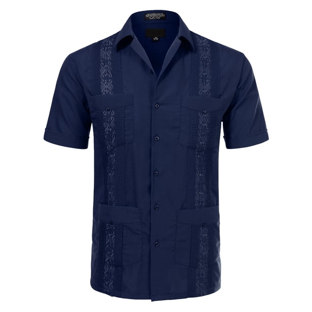 Allsense Allsense Men S Short Sleeve Cuban Guayabera Color Collared Shirts Party Navy S Walmart Com Walmart Com