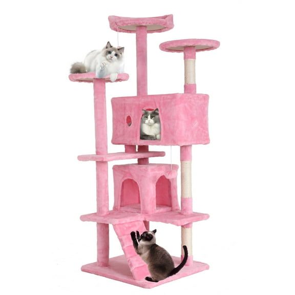 CL.HPAHKL 54In Sturdy Cat Tree House for Indoor Cat, Cat Tower with Cat Scratching Post and and 2 Plush Rooms Cat Condos with Board and Hanging Ball for Kittens Pet House Play, Pink