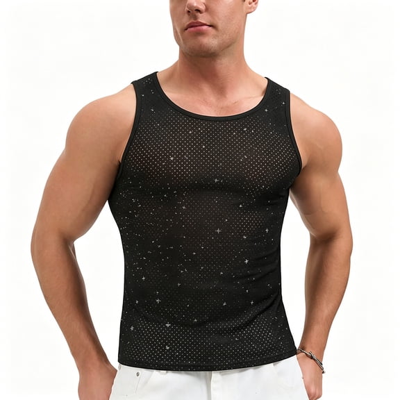 WIZUTIZ Men's Tank Tops Party Sequin Fishnet Hollow Out Sheer Breathable Tank Tops Camisole Waistcoat Nightclub Summer Sleeveless Top