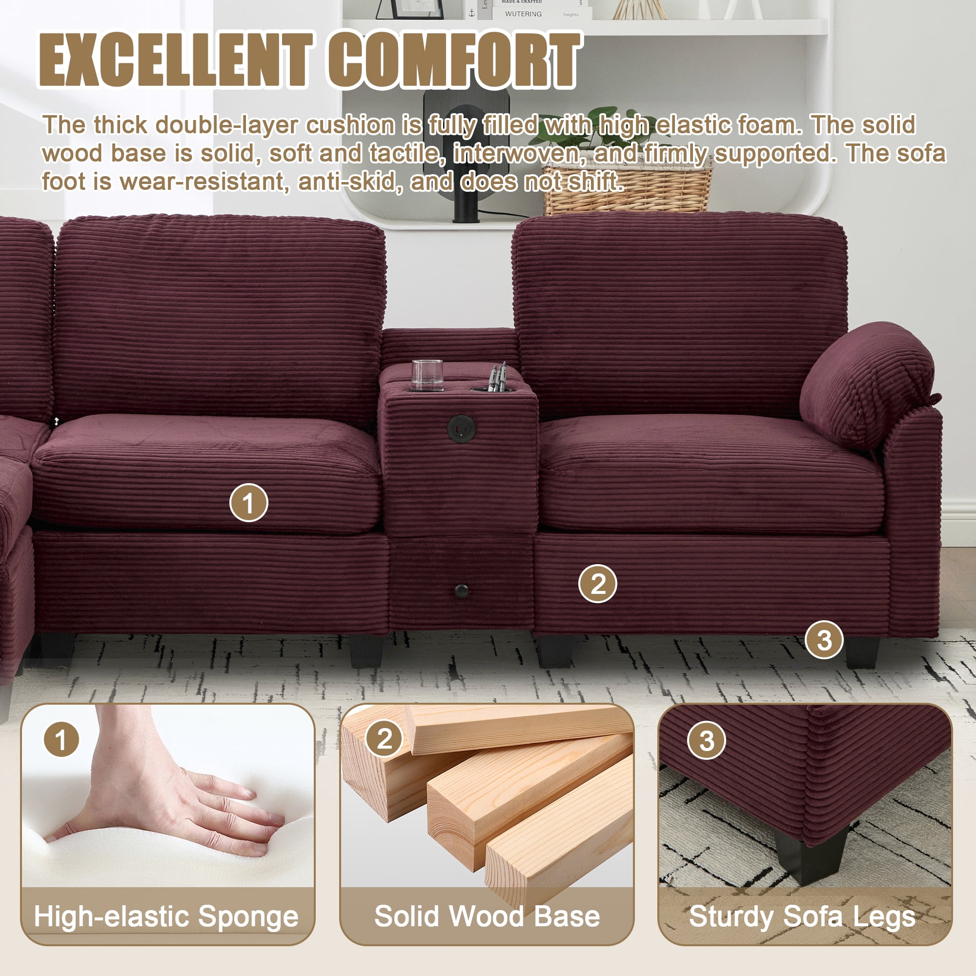 MOONMISS Corduroy Upholstered L-Shaped 4-seater Storage Multifunctional Sectional Sofa with Storage Ottoman-Dark Red