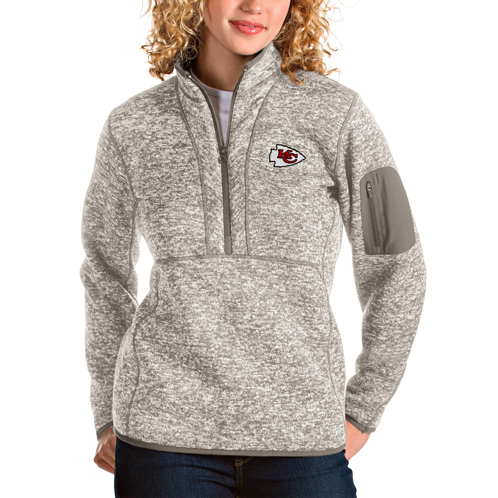 Women's Antigua Oatmeal Buffalo Bills Fortune Half-Zip Pullover