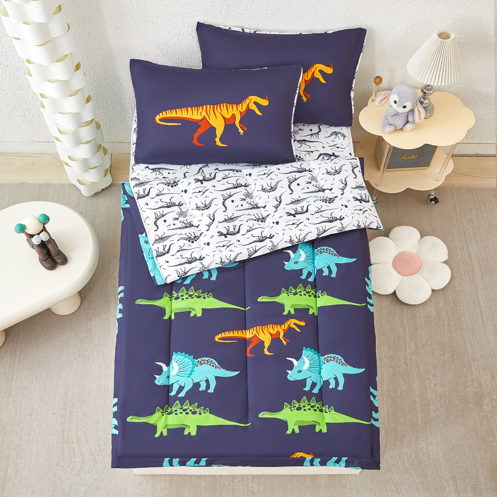 ZRNBAST 3 Pieces Dinosaur Zipper Comforter Sets, Twin Size Bedding Set for Kids Boys, Soft Cartoon Dinosaurs Print Zip Up Bed Set with Fitted Sheet and Pillowcases(Dark Blue,Twin)