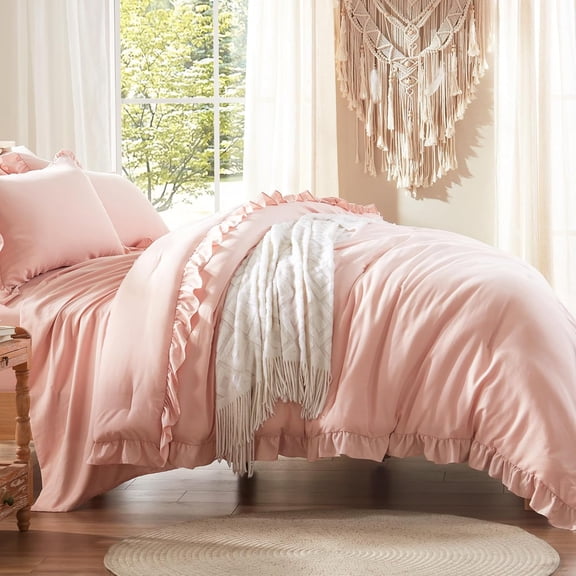 Queen Comforter Set 7 Piece, Pink Bed in a Bag with Sheets, All Season Ruffle Shabby Chic Bedding Sets