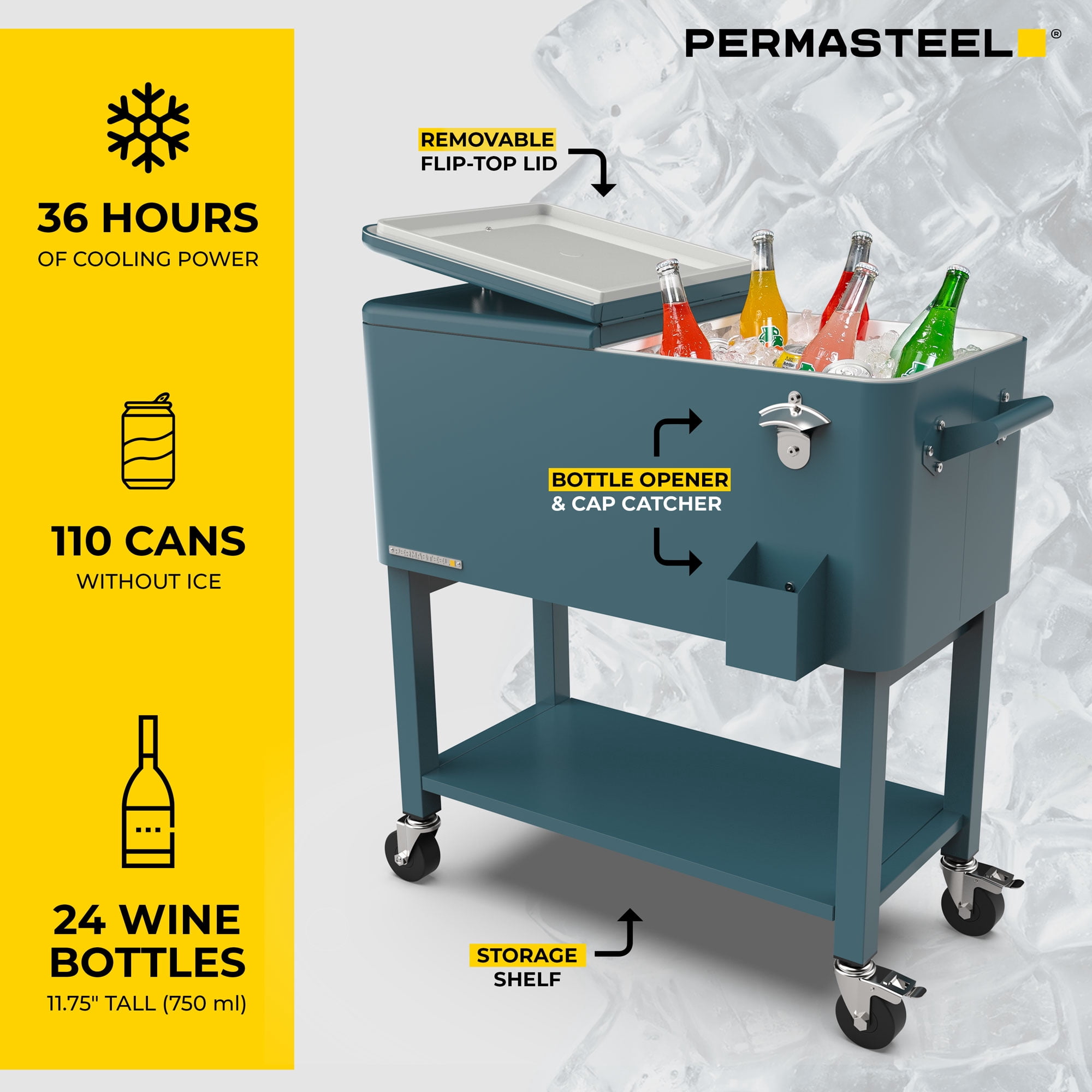 Permasteel 80-Qt Party Cooler with Divider, Removable Basin, Chills 36hrs, Serving Tray, Rolling Steel Ice Chest for Indoor & Outdoor, Matte Teal