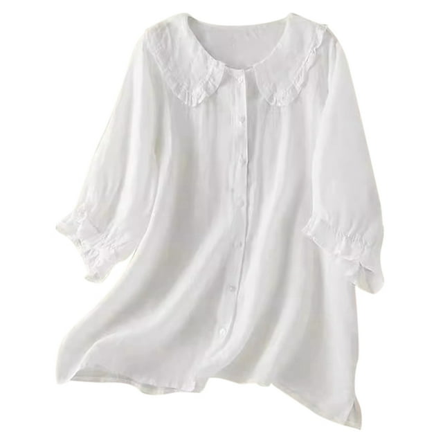 Spring Tops for Women Solid Ethnic Style Button Up Medium Sleeved Linen Shirt Top Shirts for Women White M