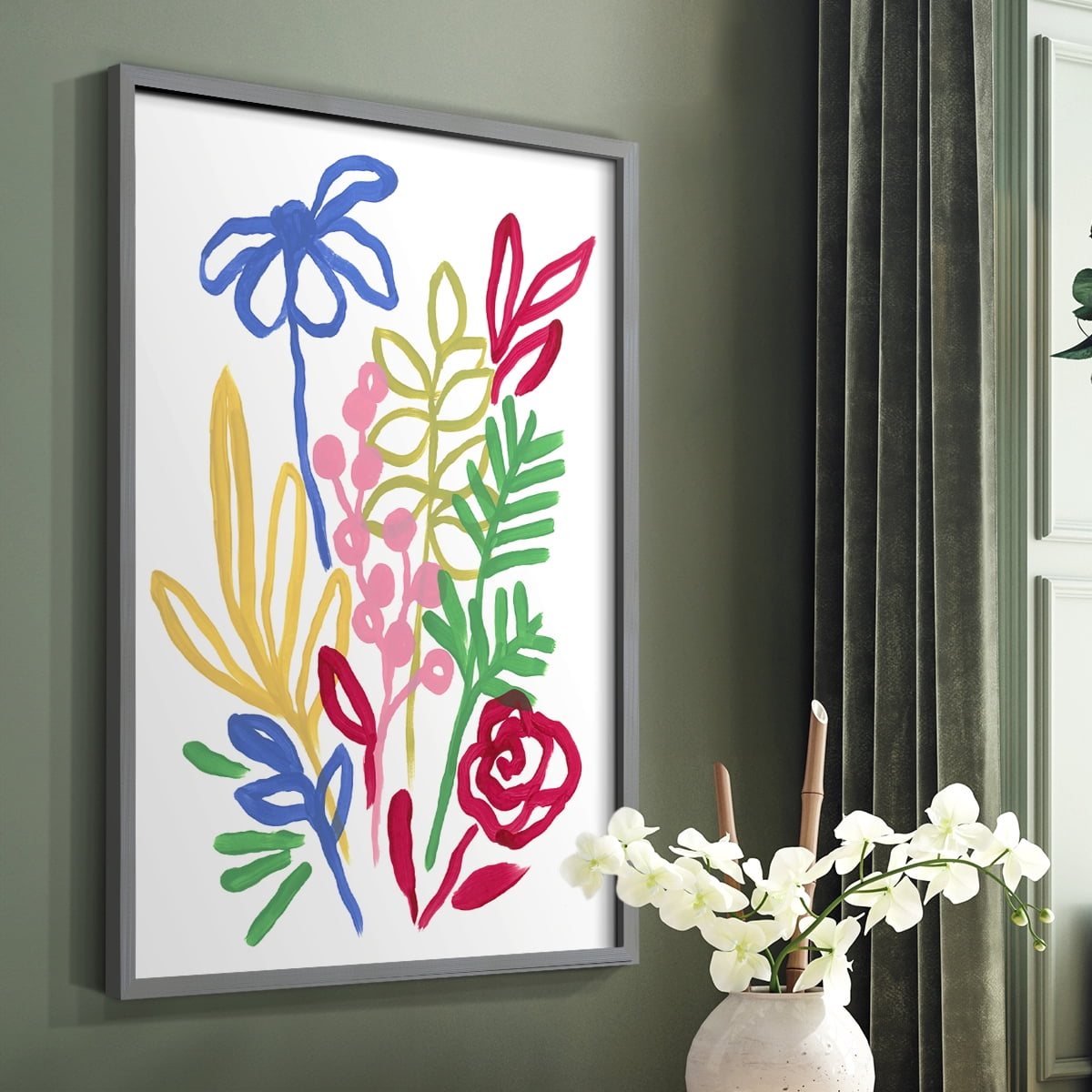 Bold Brushstroke Blooms I Framed Print in Gray Solid Wood Framed Print No Nail Hanging