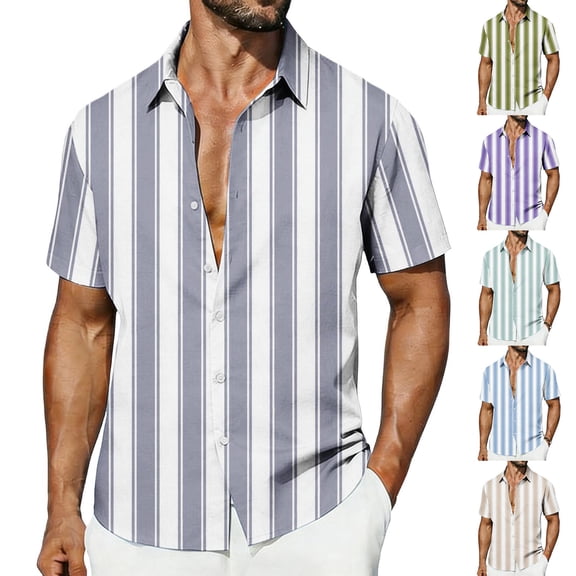 CHUMUD Men's Beach Shirt Short Sleeve Casual Striped Top Summer Vacation Fashion Tee (Avail for Big & Tall)
