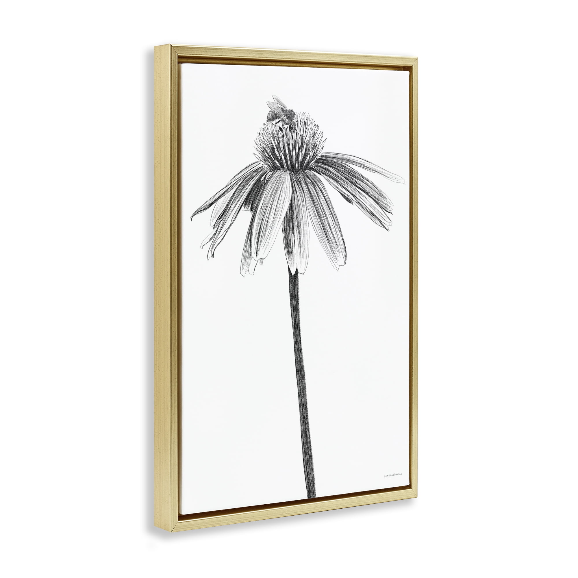 Stupell Industries Simple Daisy Sprig Botanical & Floral Drawing Gold Floater Framed Art Print Wall Art, 21 x 31
