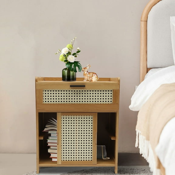 Bamboo Nightstand Table Side End Table W/ Drawer Table for Living Room Bedroom