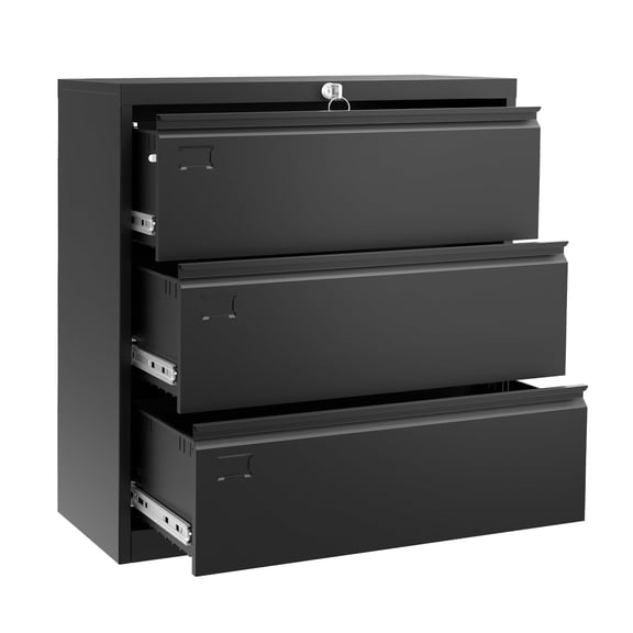 3-Drawer Lateral File Cabinet with Lock, Heavy Duty Metal Wide Filing Cabinet – Black Home Office Storage Organizer for Letter & Legal Size Documents