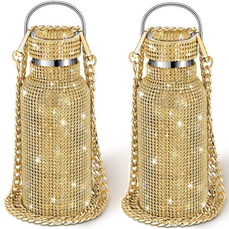 

Skycarper 2pcs Premium Sparkling Diamond Water Bottle Stainless Steel Rhinestone Vacuum Flask Leak Proof Vacuum Bottle with Chain (Gold 500ml)