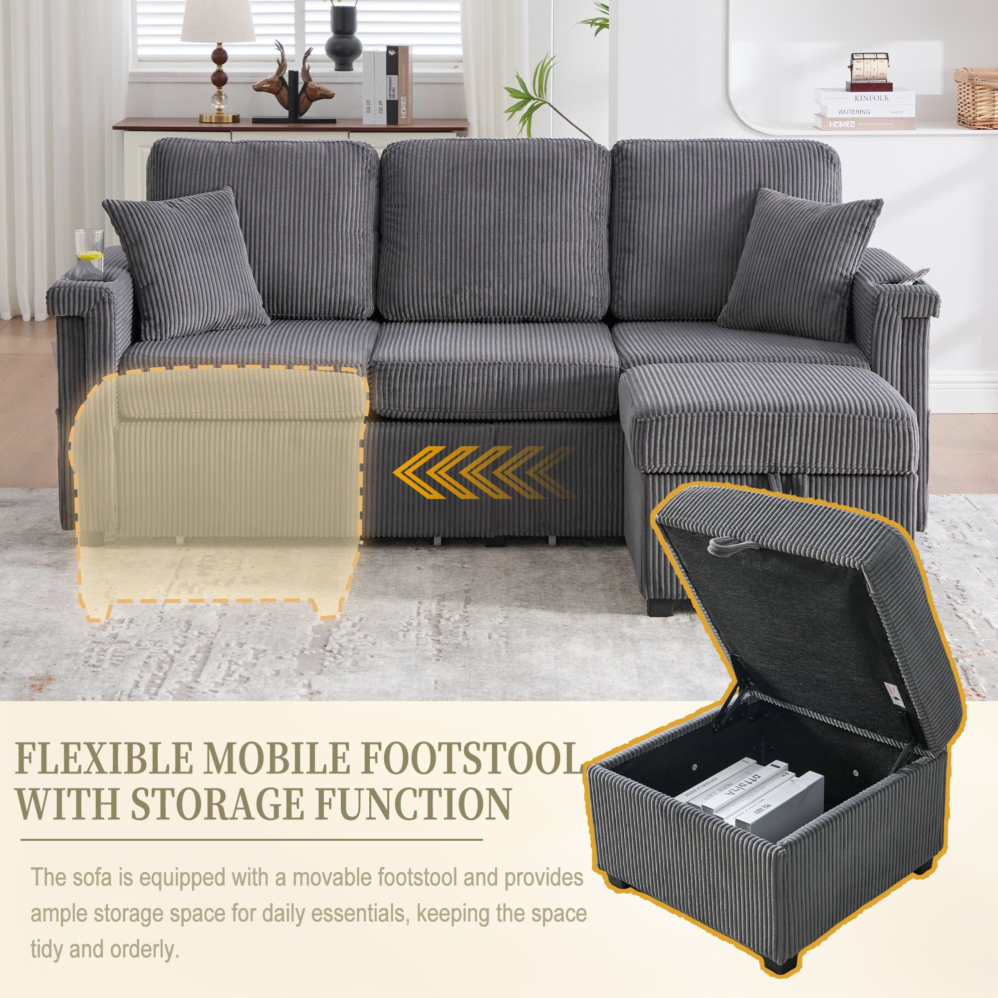 L-Shaped Sectional Sofa,Corduroy Convertible 3-Seat Sofa Couch with Pull-Out Storage,Ottoman for Living Room,Apartment,Dark Gray