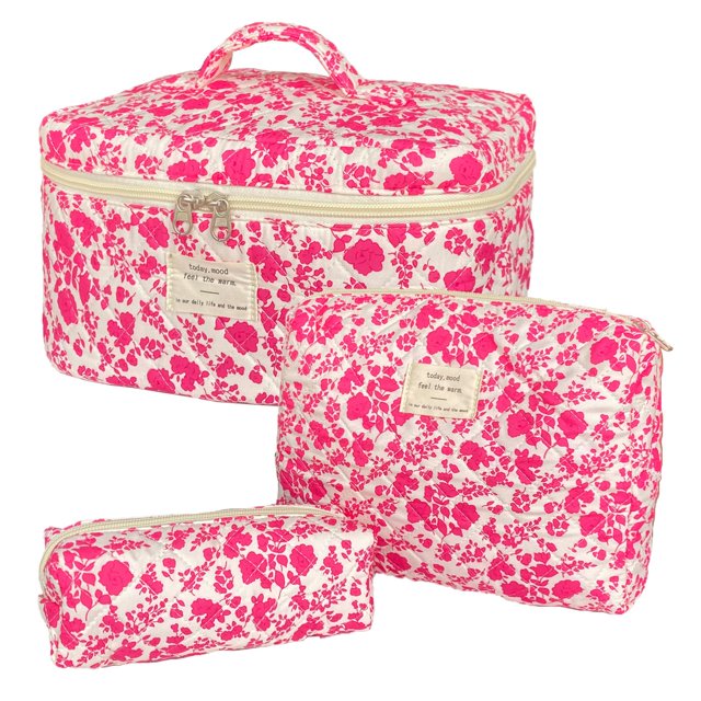 Set de bolsitas de maquillaje WYJ con estampado floral acolchado, rojo, 3 unidades, para mujer