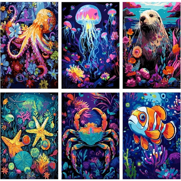 Canvas Sea Animals Paint by Numbers Kit Adults, Adults Octopus Starfish Painting by Number Kits on Canvas, Easy Acrylic Arts Crafts Beginners for Gifts 8x10 inch Unframed