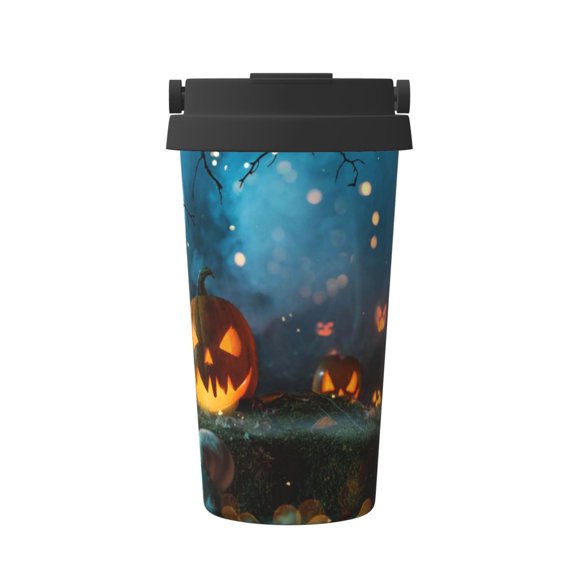 Gukieu Spooky Halloween Print Insulated Coffee Cup, Portable Stainless Steel Vacuum Cup with Lid, Unisex, Suitable for Office, Cafe, Car